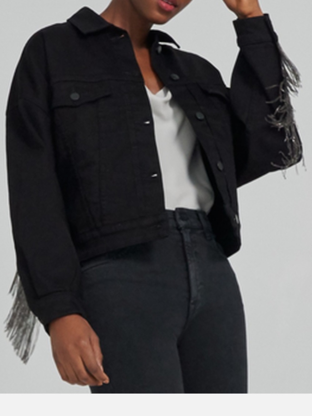 J Brand Cropped Drew Jacket - Chain Reaction Silver Metallic Fringe Denim XS